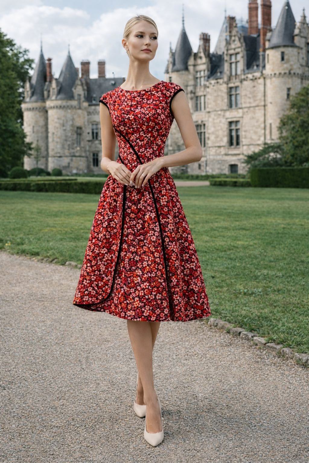 Model in a summer sleeveless small print floral dress unique sideways swept skirt in reds